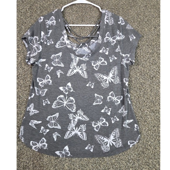 No Boundaries Tops - No Boundaries Butterfly Print T-Shirt Women XXL Gray Strappy Back Short Sleeve